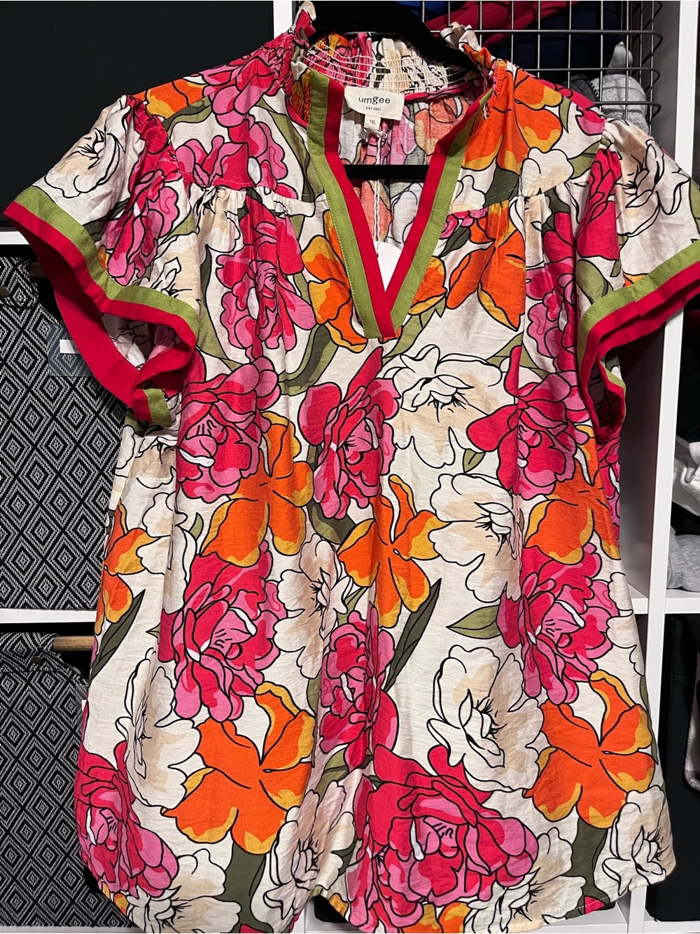 Umgee Pink & Orange Floral V-Neck Top with Green Trim